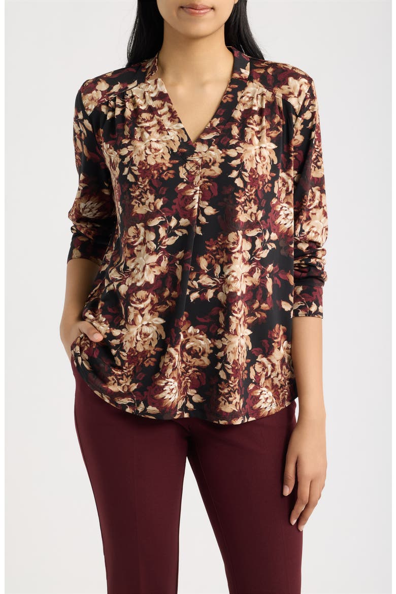 Printed Notched V-Neck Long Sleeve Top, Main, color, ANNE BLACK MULTI