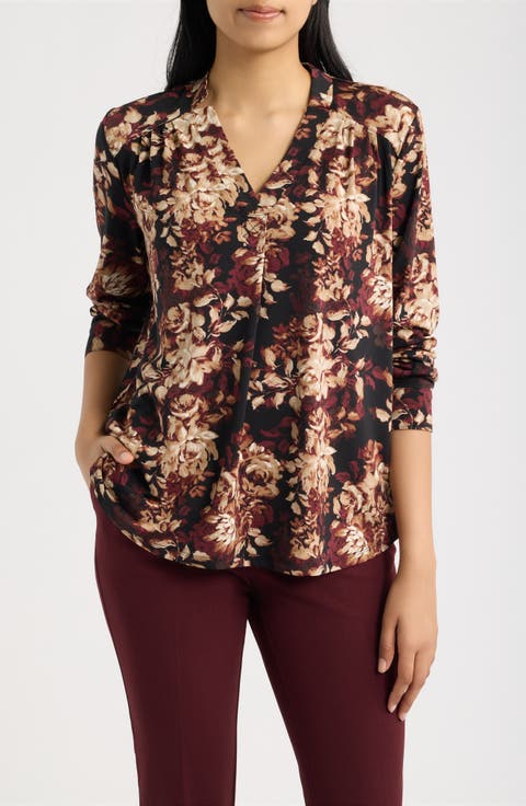 Printed Notched V-Neck Long Sleeve Top