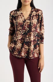 AK ANNE KLEIN Printed Notched V-Neck Long Sleeve Top