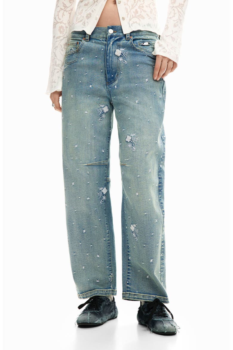 Floral Embroidery Barrel Leg Jeans, Main, color, MEDIUM BLUE