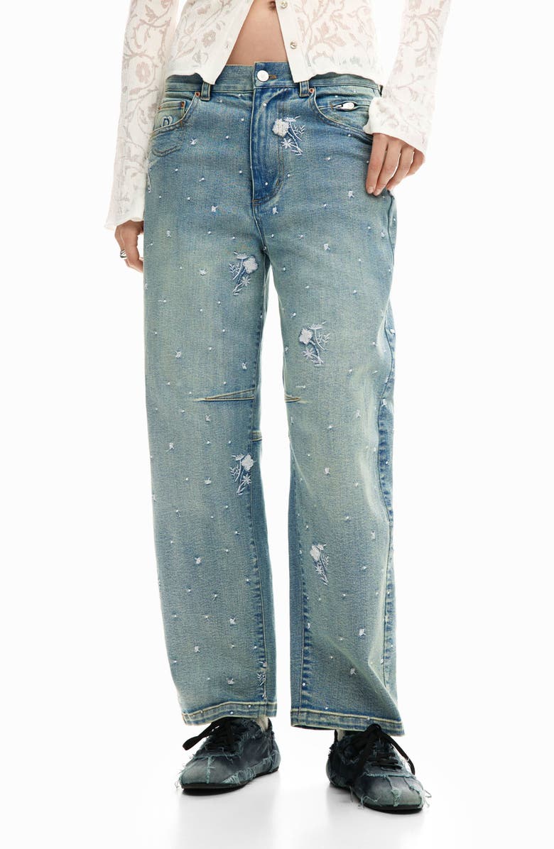 Desigual Floral Embroidery Barrel Leg Jeans, Main, color, Medium Blue