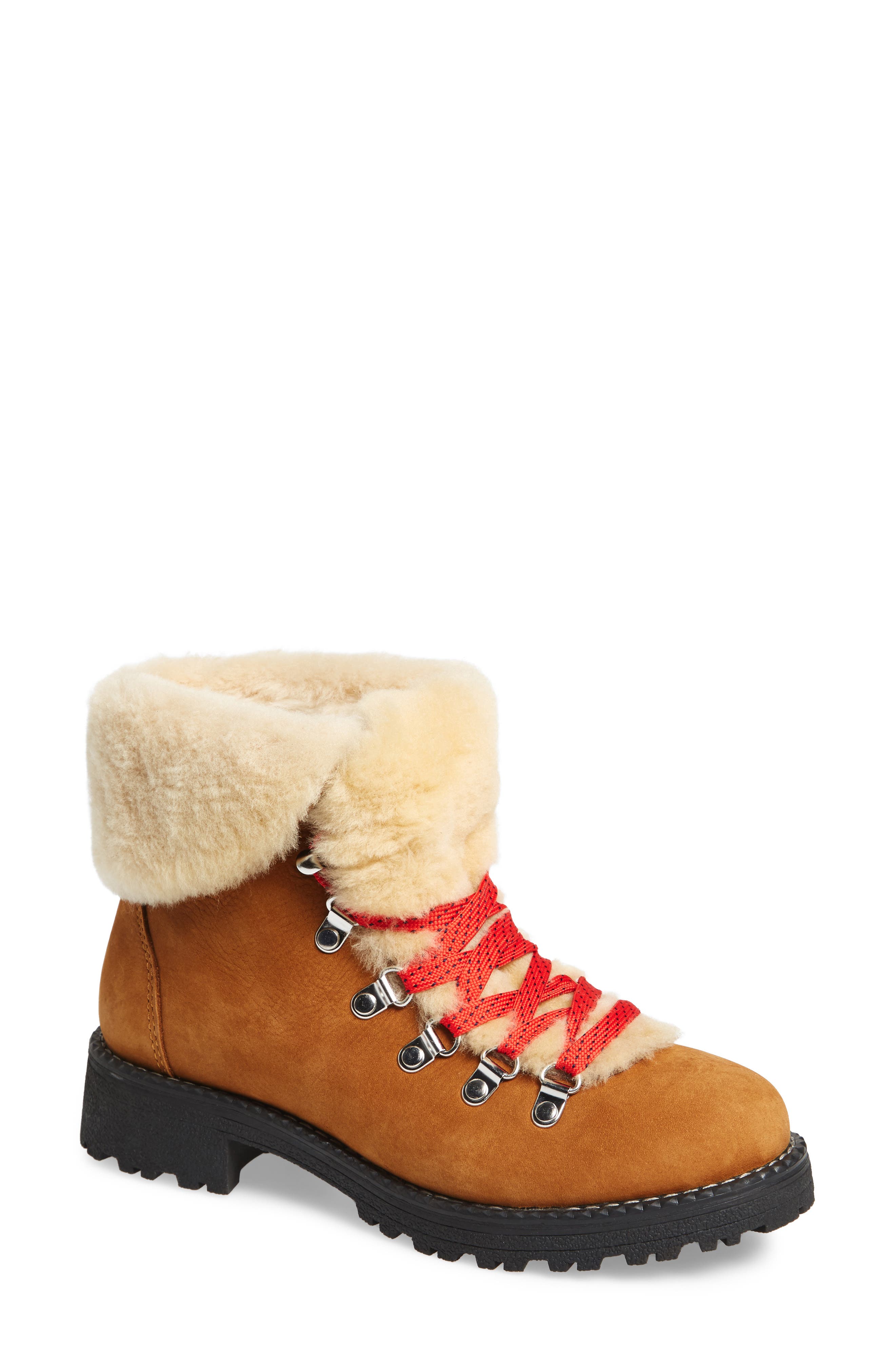 J.Crew Nordic Genuine Shearling Cuff Winter Boot, Main, color, Glazed Pecan Leather
