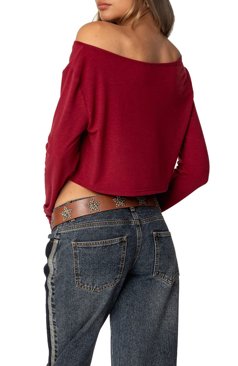 EDIKTED One-Shoulder Long Sleeve Crop Top, Alternate, color, Burgundy
