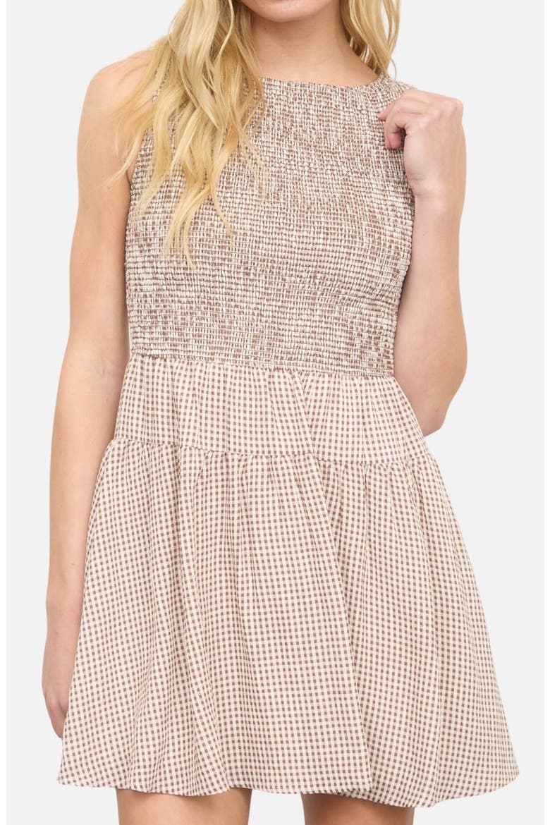 Smocked Gingham Sleeveless Minidress, Alternate, color, BROWN