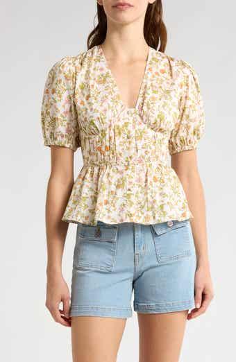 Derek Lam 10 Crosby Maureen Floral V-Neck Cotton Peplum Top