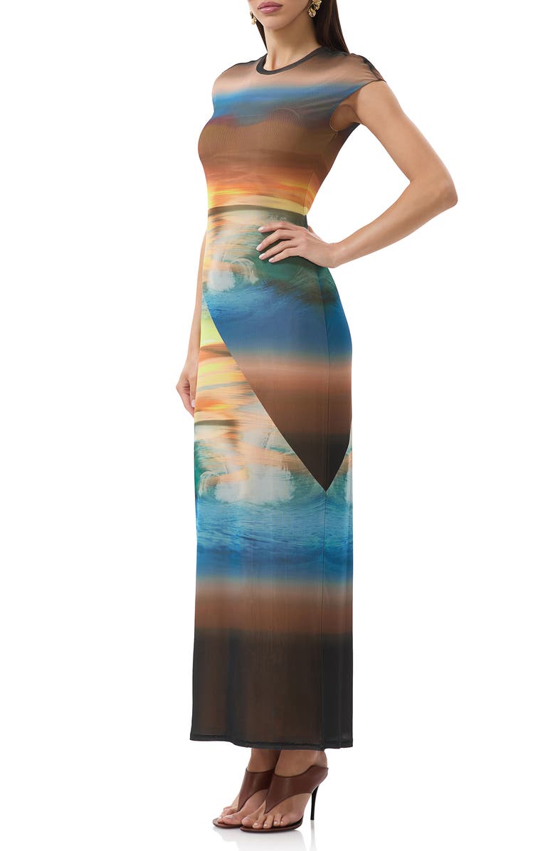 AFRM Cody Print Cap Sleeve Mesh Maxi Dress, Alternate, color, Ocean Ombre