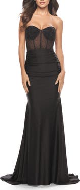 La Femme Rhinestone Embellished Gown with Ruched Skirt