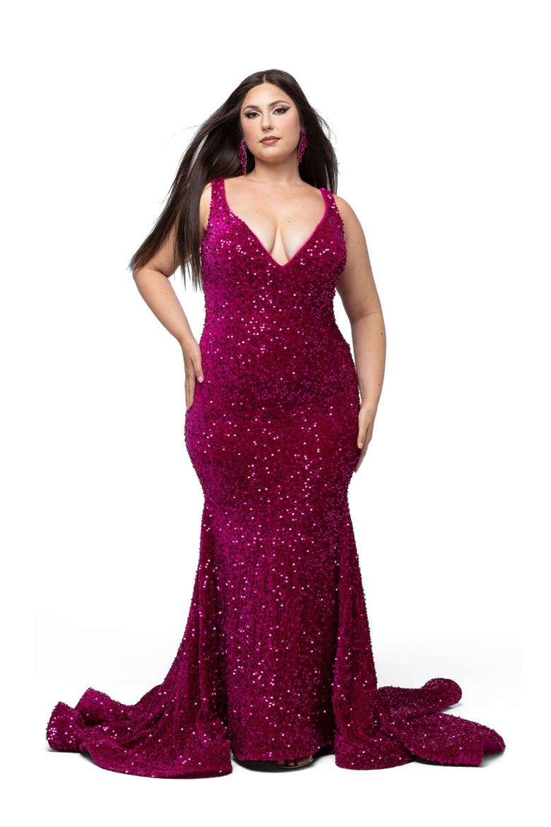 V-Neck Mermaid Plus Size Evening Gown, Main, color, Magenta