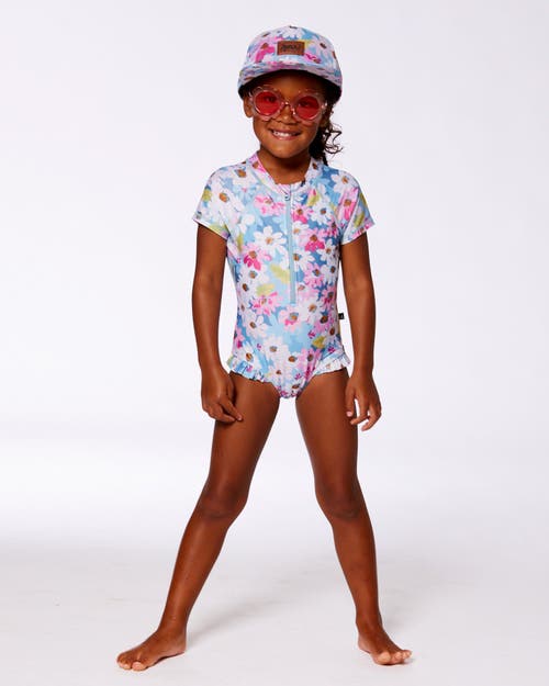 Deux Par Deux Girl's Printed Short Sleeve One-piece Swimsuit With Frills White, Pink, And Green Flow In Blue