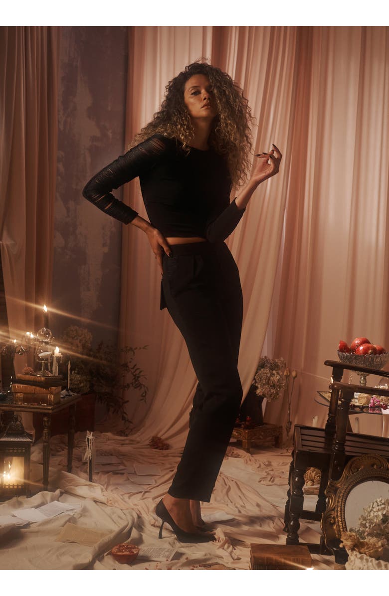 Contessa Mills Medusa Fitted Hand-Dyed Fringe Stretch Crepe Top, Alternate, color, Black