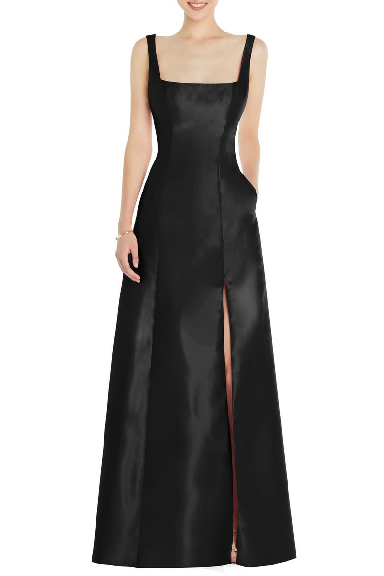 Square Neck Satin A-Line Gown, Main, color, BLACK