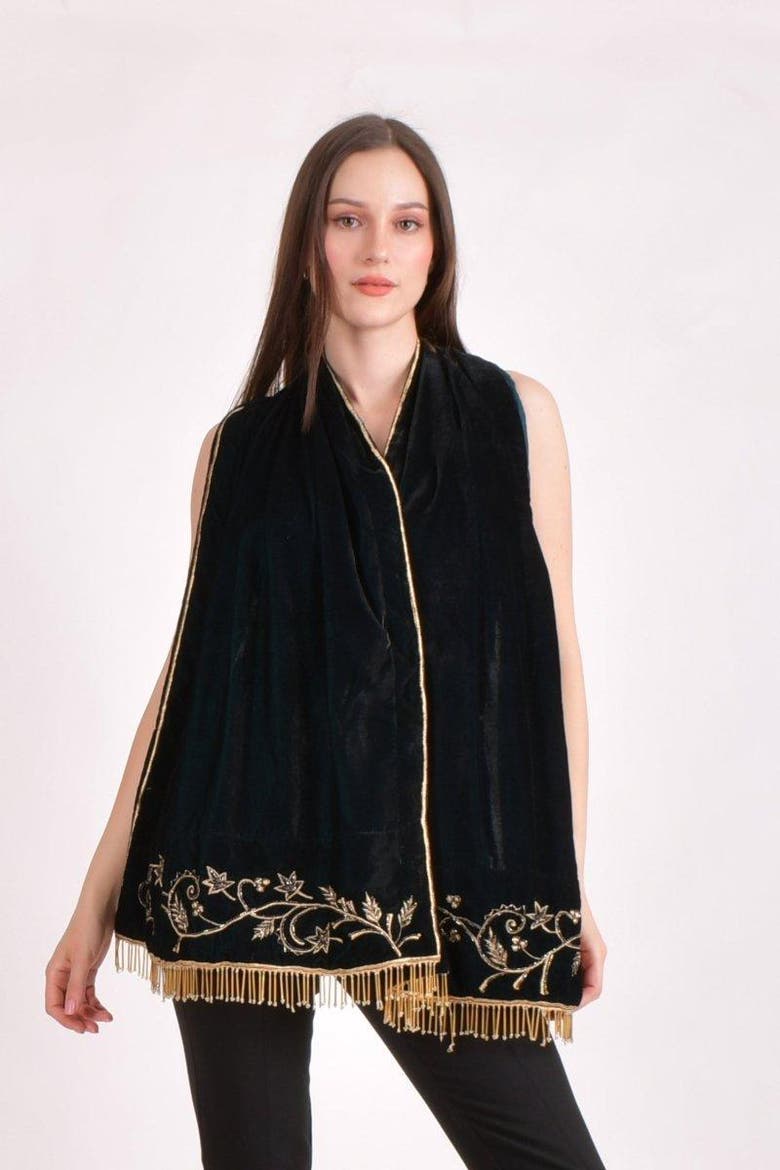 Zari & Cutdana Hand Embroidered Velvet Scarf, Alternate, color, Teal