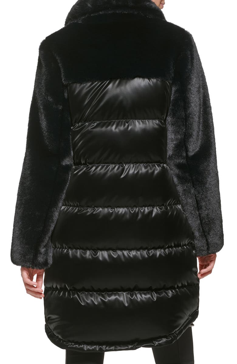 KARL LAGERFELD PARIS Lacquer Water Resistant Faux Fur Trim Puffer Jacket, Alternate, color, Black