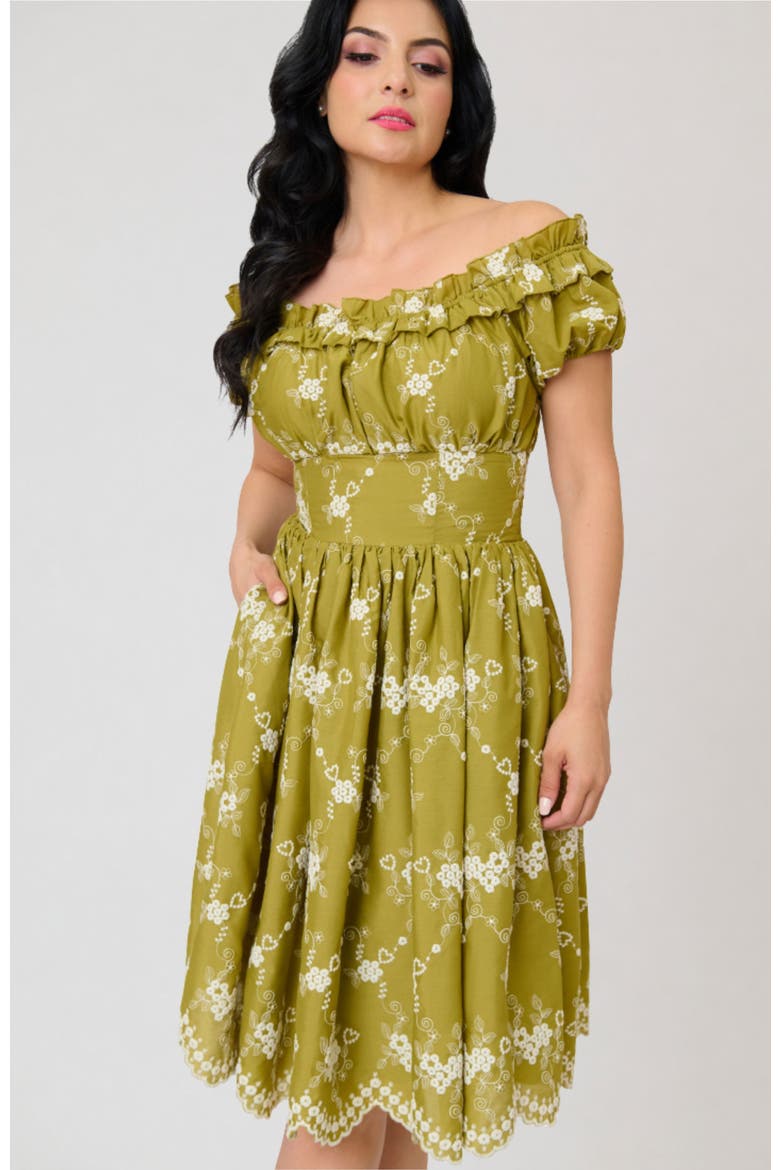 1950s Off The Shoulder Ruffle Swing Dress, Alternate, color, Green w/ Floral Print