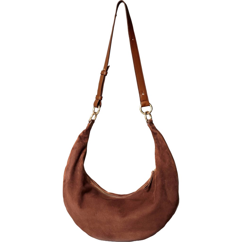 HYER GOODS Leather Convertible Hobo Crescent Ring Bag in Praline Suede  product