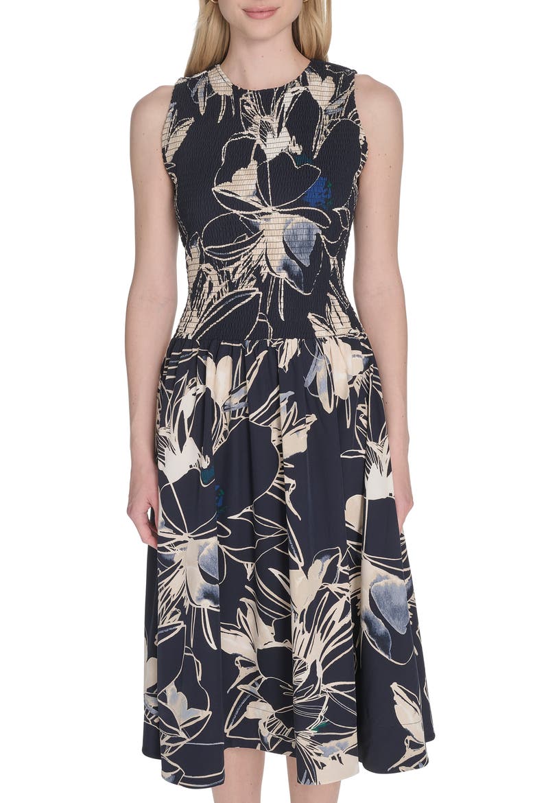 Floral Sleeveless Smocked Fit & Flare Midi Dress, Alternate, color, INDIGO MULTI