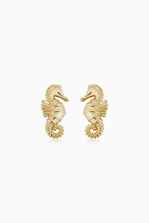 14K Yellow Gold Seahorse Studs