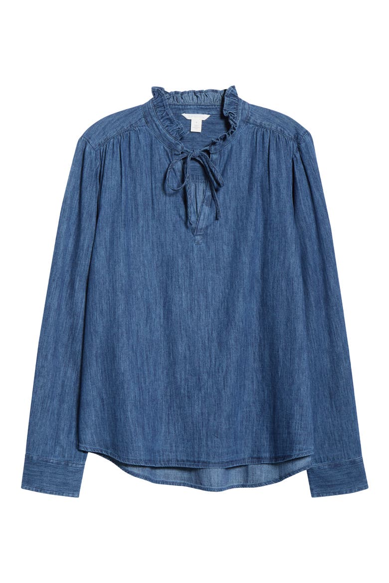 Ruffle Chambray Top, Alternate, color, DARK WASH