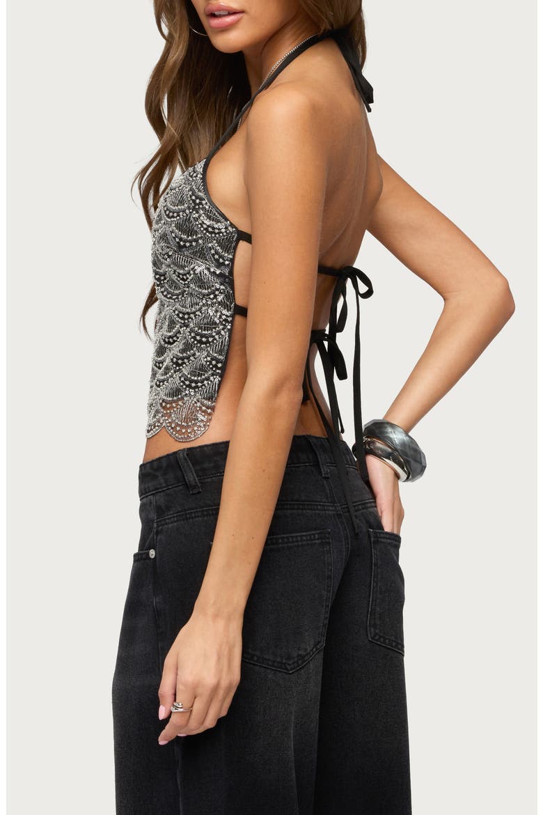 Naira Beaded Scalloped Halter Top, Alternate, color, SILVER