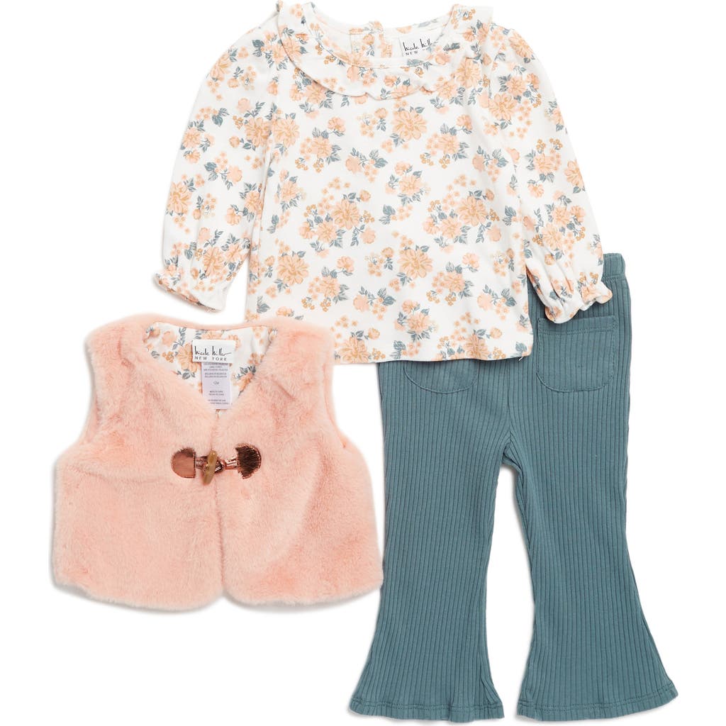 Nicole Miller Faux Fur Vest, Top & Leggings Set In Coral Cloud