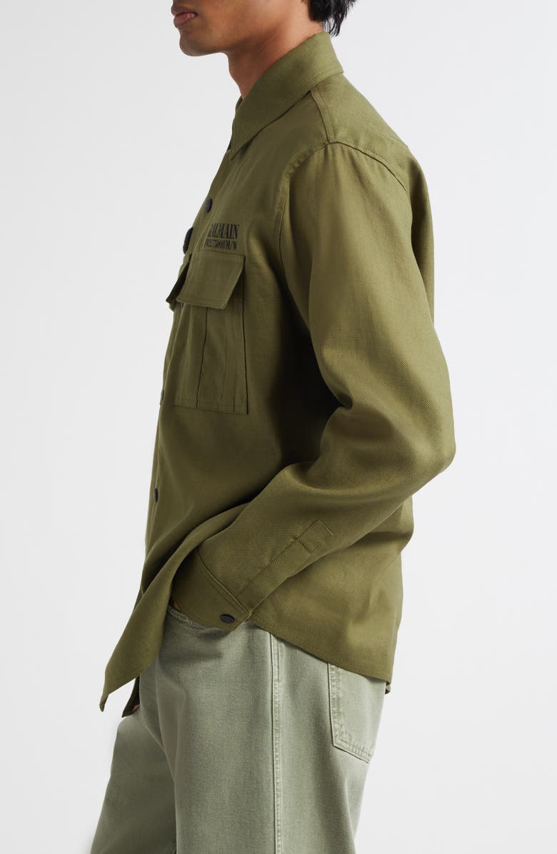 Balmain Small Logo Stamp Canvas Snap-Up Shirt, Alternate, color, 7Cw Kaki