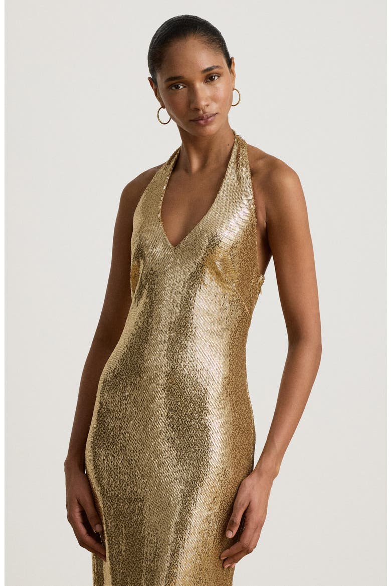 Luxe Sequin Tulle Halter Column Gown, Alternate, color, BEIGE
