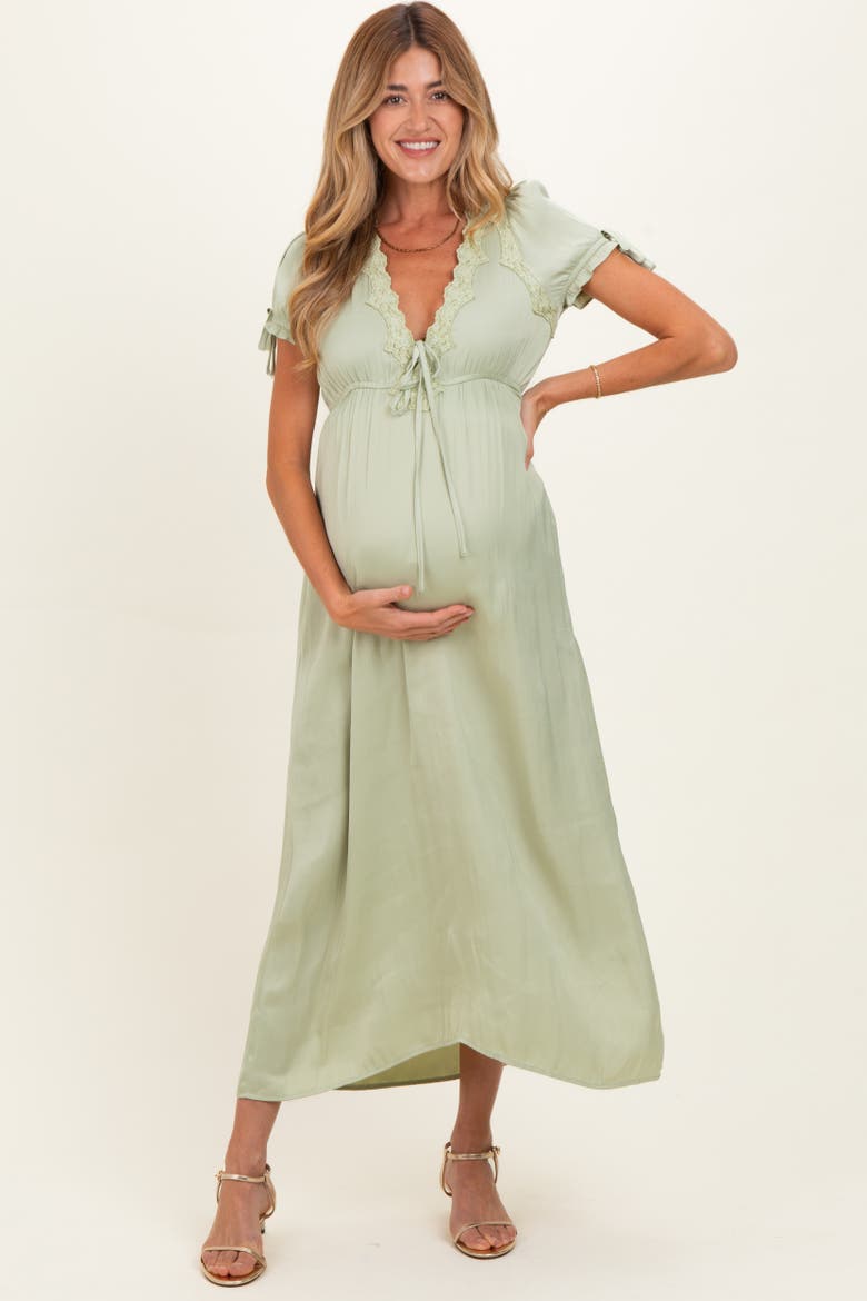 Satin Lace Detail Maxi Dress, Alternate, color, Light Olive