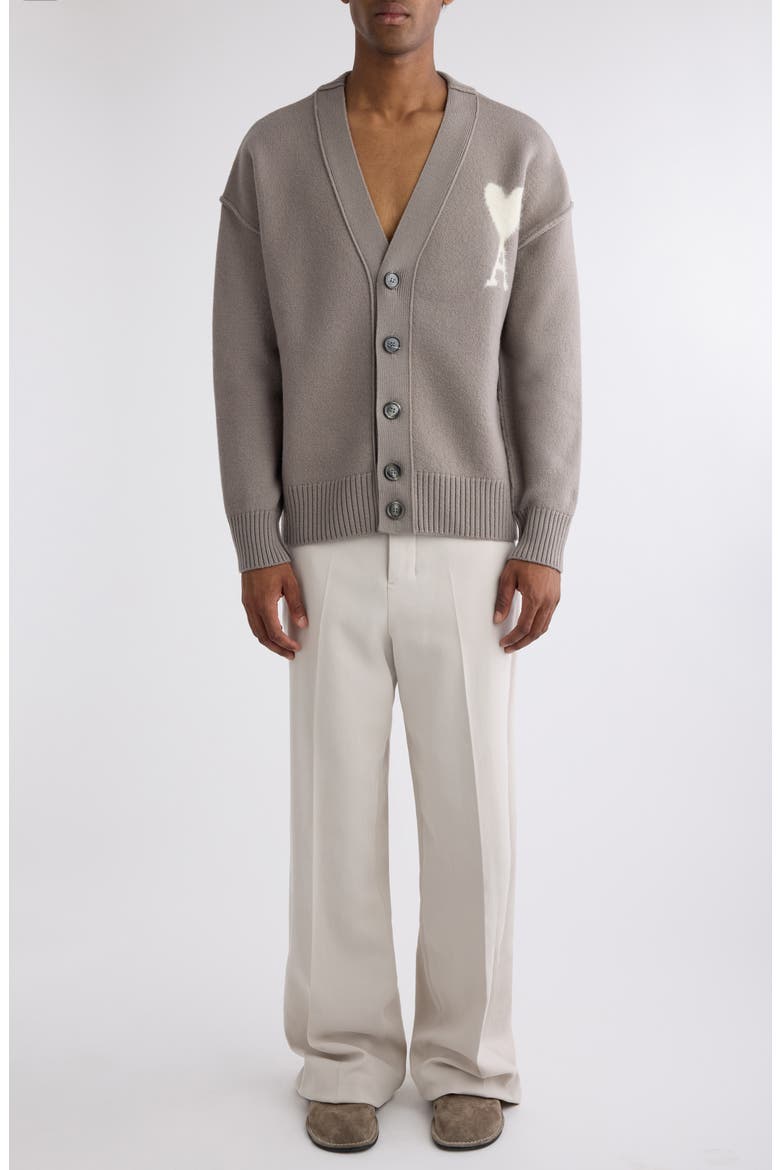 Ami De Coeur Intarsia Merino Wool Cardigan, Alternate, color, ASH/ OFFWHITE
