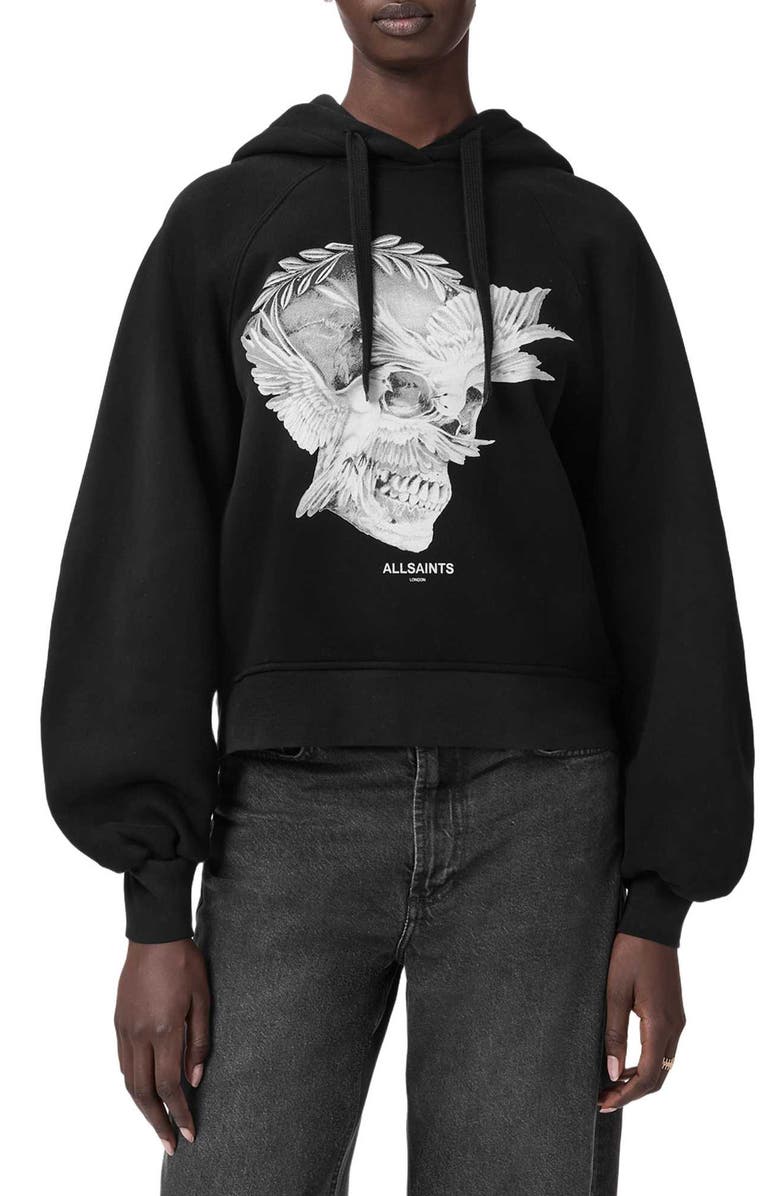 AllSaints Mystère Back Zip Graphic Hoodie, Main, color, Black