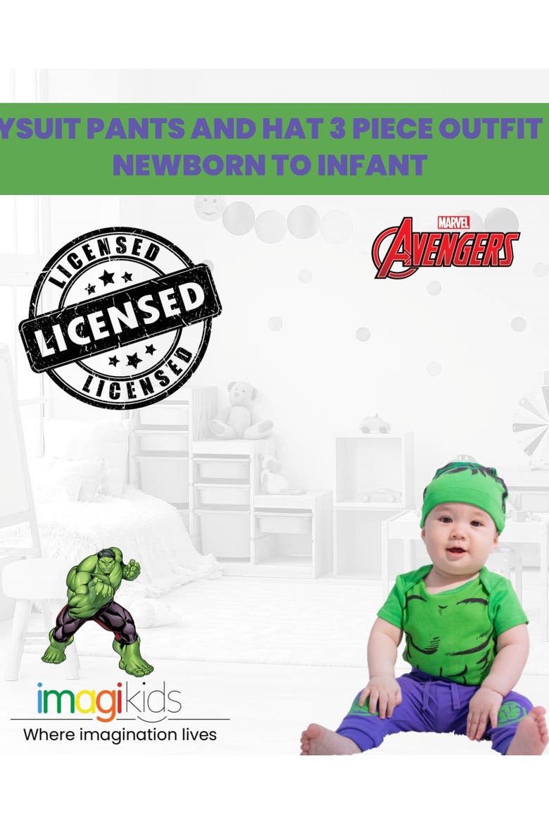 Avengers The Hulk Bodysuit Pants and Hat Set, Alternate, color, Hulk Green Purple