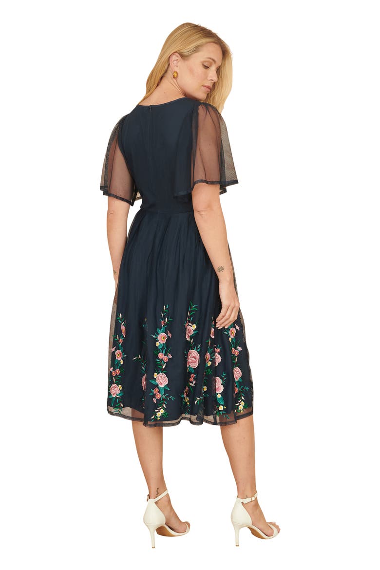 Embroidered Mesh Sleeve Prom Dress, Alternate, color, Navy