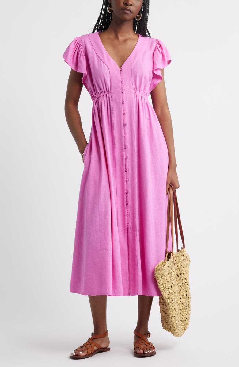 Treasure & Bond Short Sleeve Button Down Linen Blend Midi Dress, Alternate, color, Pink Surprise