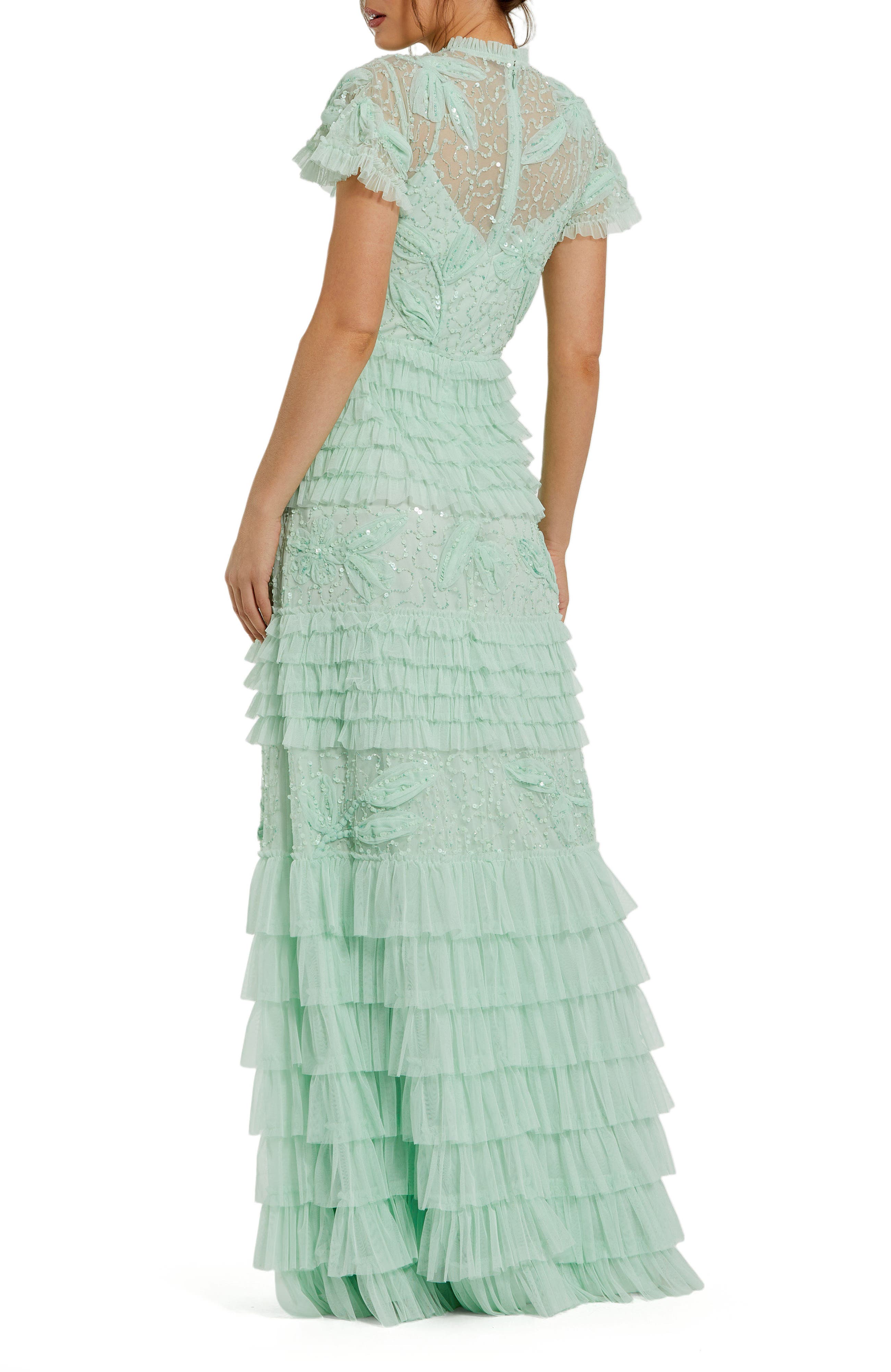 Beaded Mesh High Neck Micro Ruffle Floral Gown - image 2