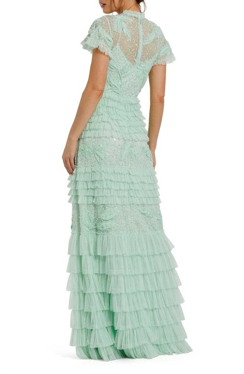 Mac Duggal Beaded Mesh High Neck Micro Ruffle Floral Gown, Alternate, color, Sage