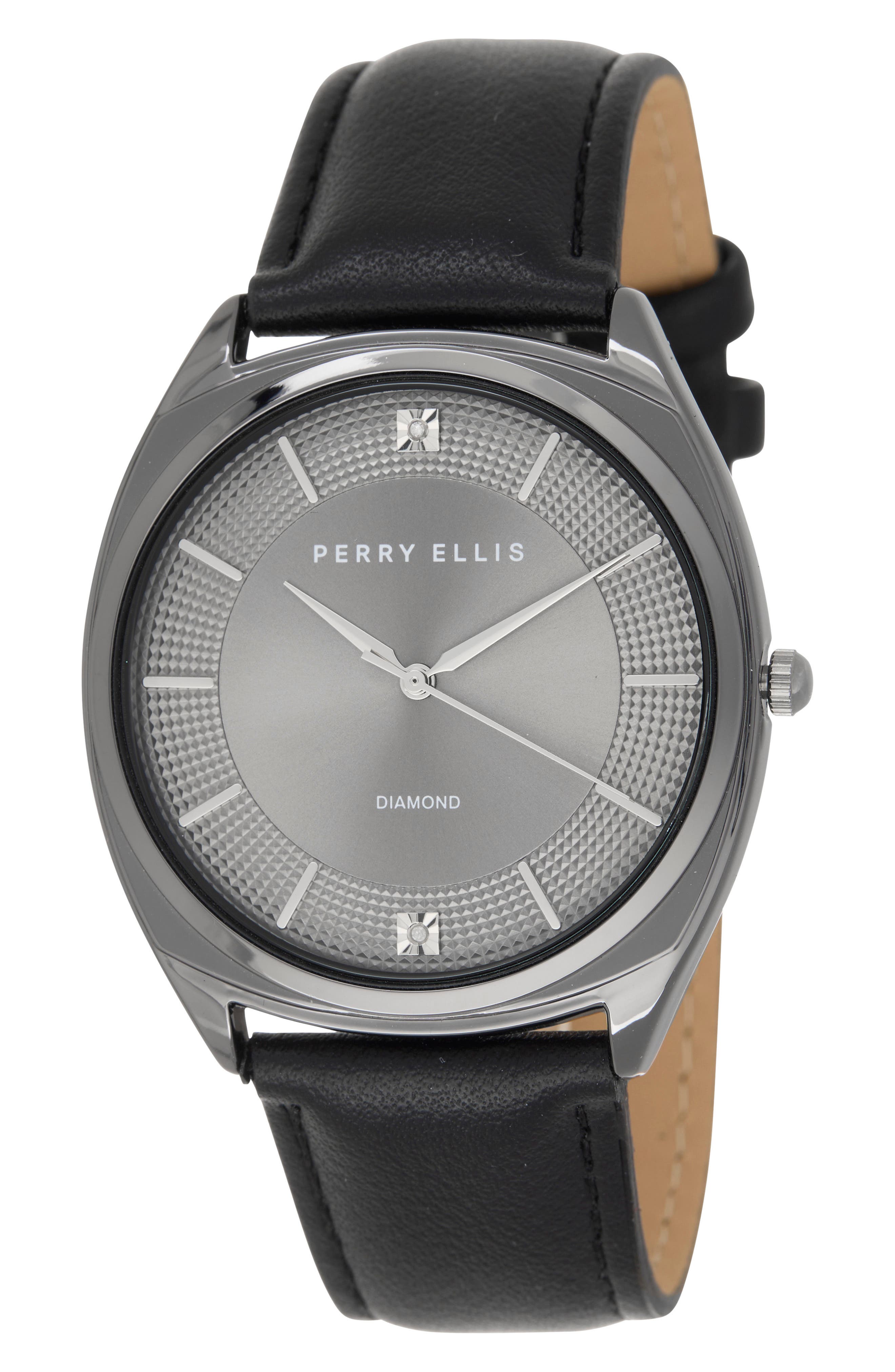 Perry Ellis Gunmetal Bezel Diamond Accent Leather Strap Watch, 41mm