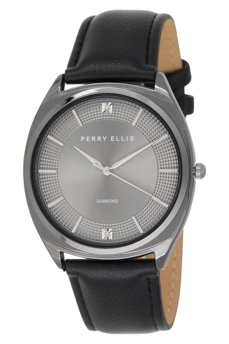 Gunmetal Bezel Diamond Accent Leather Strap Watch, 41mm, Main, color, GUNMETAL