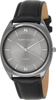 Perry Ellis Gunmetal Bezel Diamond Accent Leather Strap Watch, 41mm