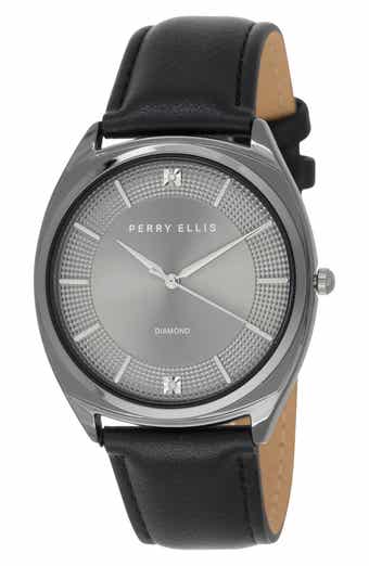 Perry Ellis Gunmetal Bezel Diamond Accent Leather Strap Watch, 41mm
