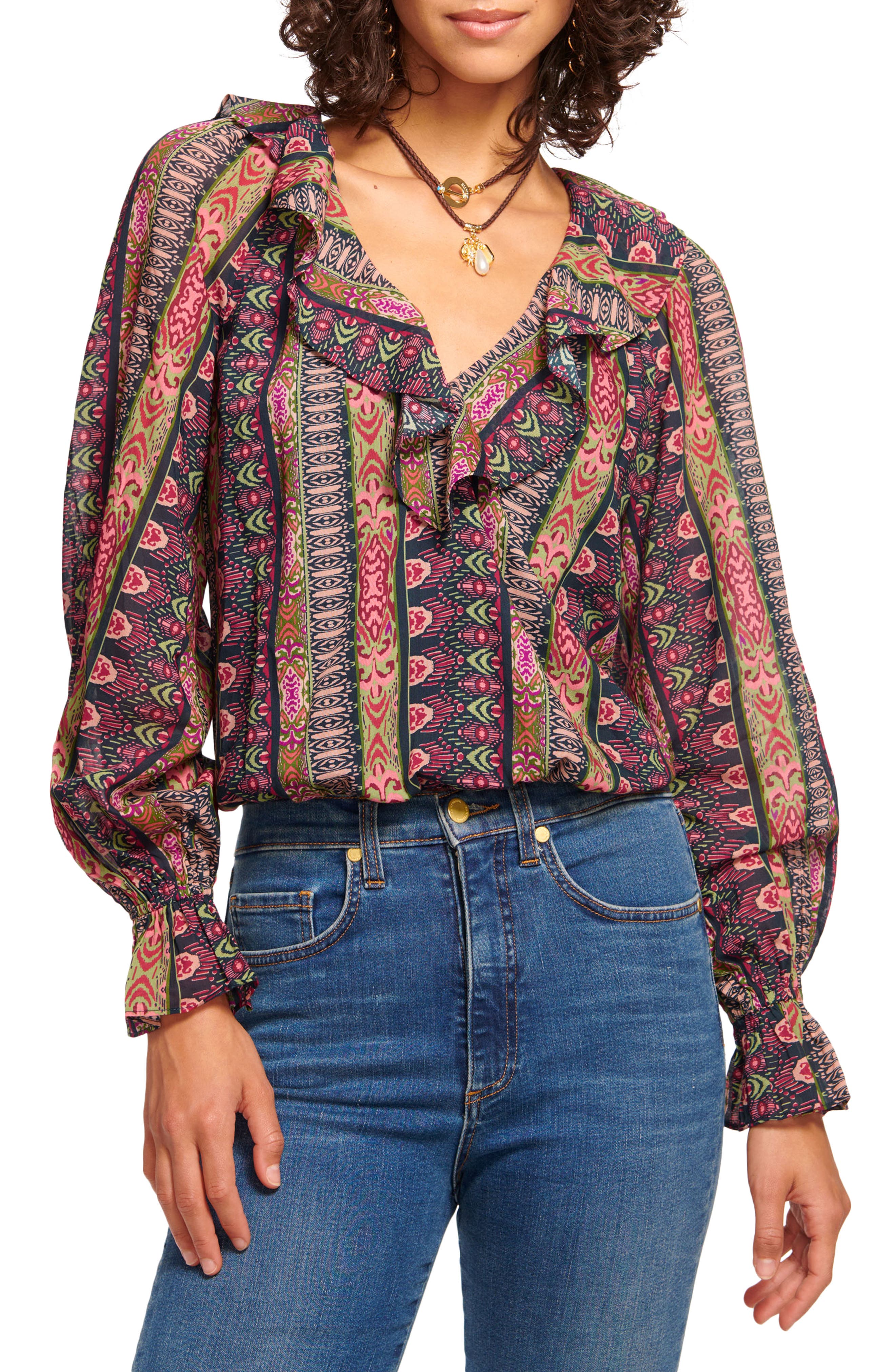 Ramy Brook Scout Ikat Print Long Sleeve Cotton & Silk Top