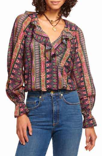 Ramy Brook Scout Ikat Print Long Sleeve Cotton & Silk Top