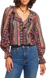 Ramy Brook Scout Ikat Print Long Sleeve Cotton & Silk Top