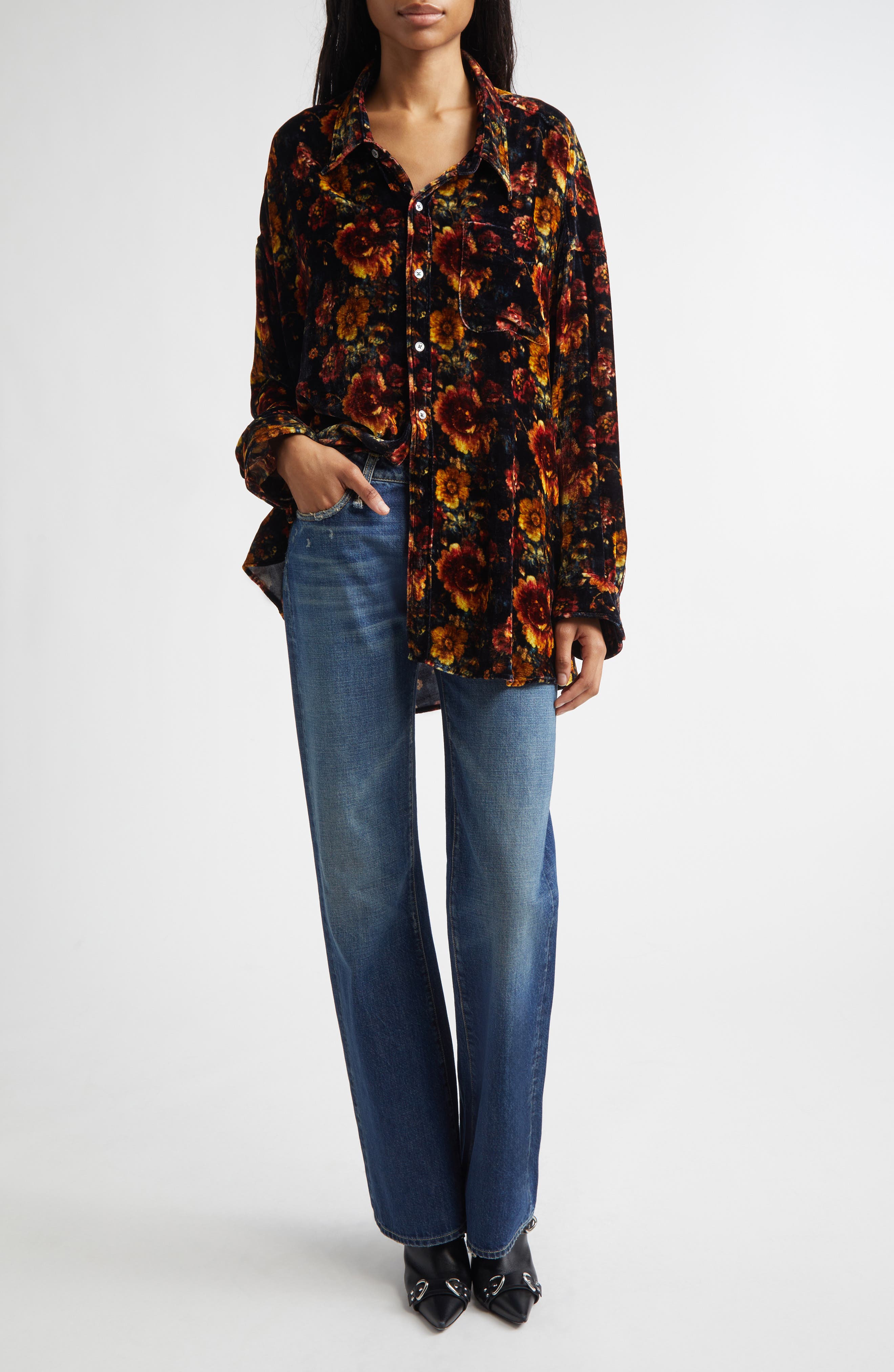 Oversize Floral Drop Neck Velvet Button-Up Shirt - image 2