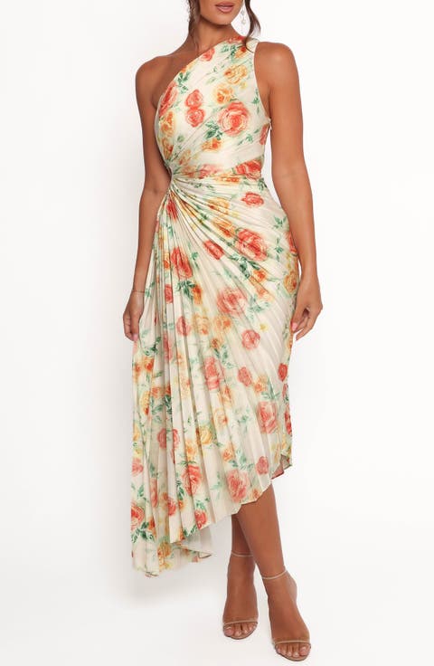 Kleo Floral Pleated One-Shoulder Satin Cocktail Dress