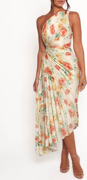 Petal & Pup Kleo Floral Pleated One-Shoulder Satin Cocktail Dress