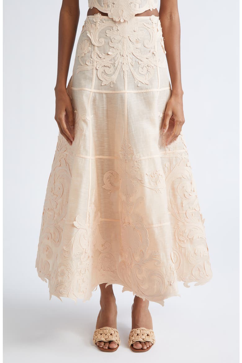 Rebellion Filigree Linen & Silk Midi Skirt, Main, color, PEACH
