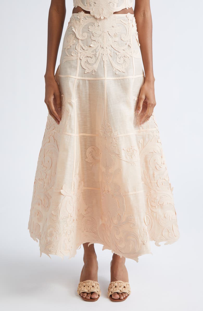 Zimmermann Rebellion Filigree Linen & Silk Midi Skirt, Main, color, Peach