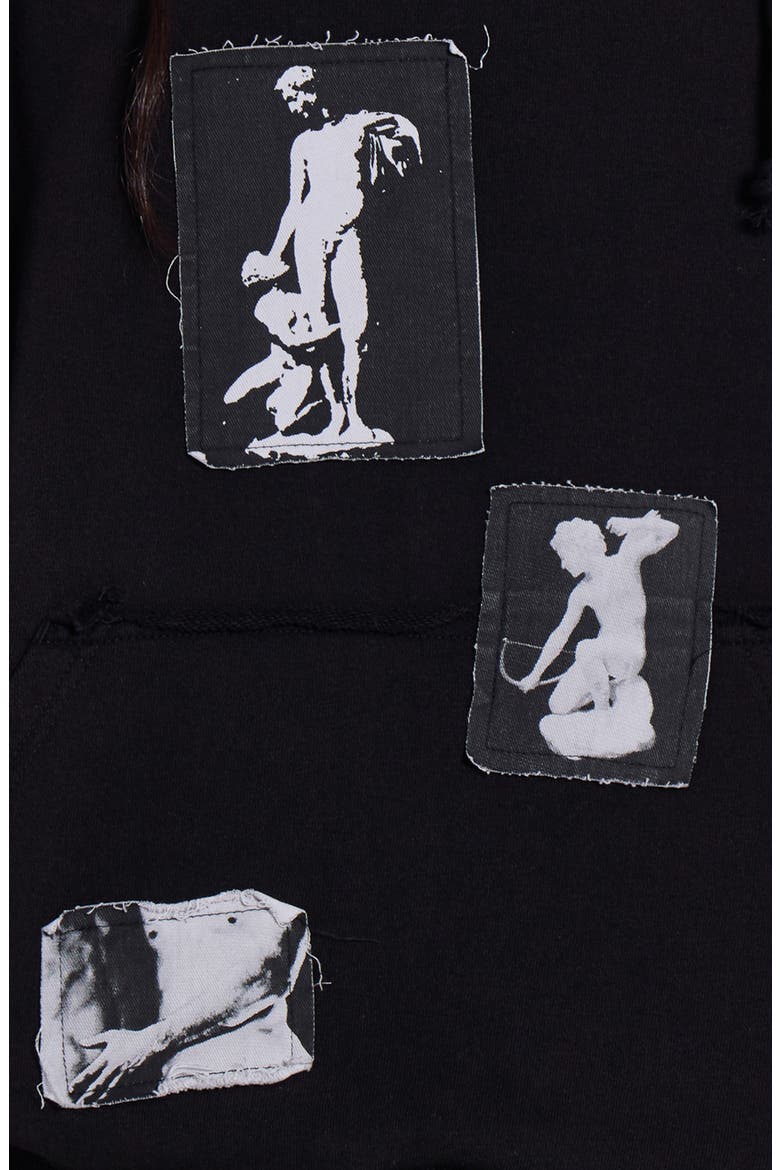 Devoted Graphic Patch Distressed Hoodie, Alternate, color, BLACK
