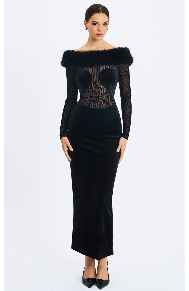 Miss Circle Alexis Faux Fur Boatneck Maxi Dress, Main, color, Black