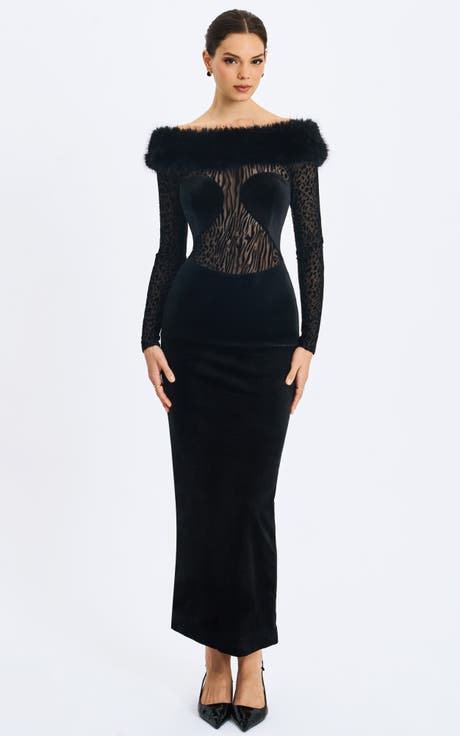 Alexis Faux Fur Boatneck Maxi Dress