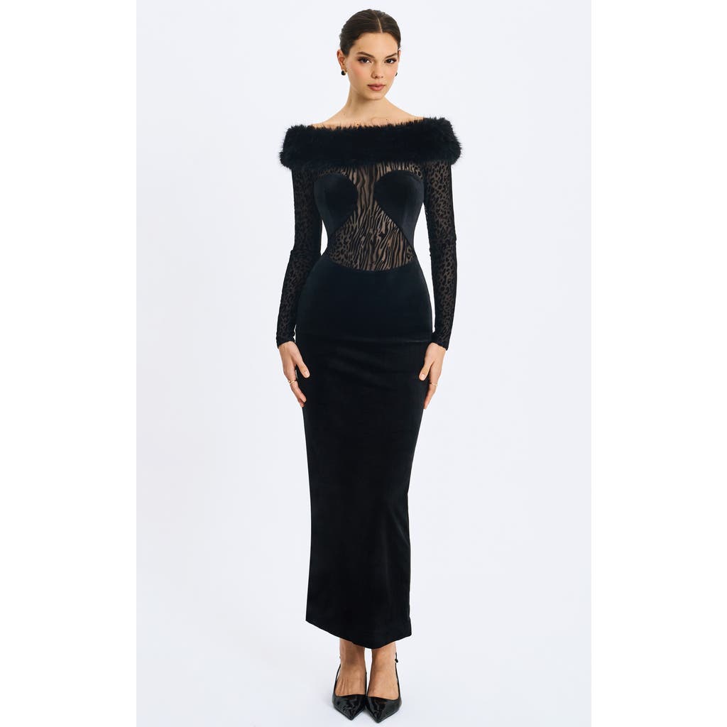 Miss Circle Alexis Faux Fur Boatneck Maxi Dress In Black